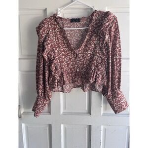 Trixxi Clothing Company Women's Mauve Floral Ruffle Button Long Sleeve Blouse